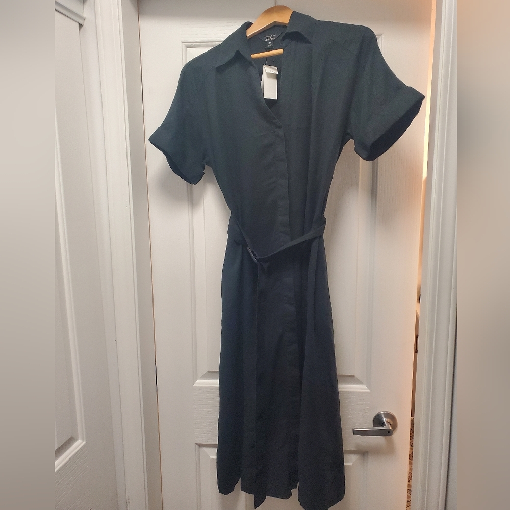 Black Midi Dress with Tie Front and Notched Collar